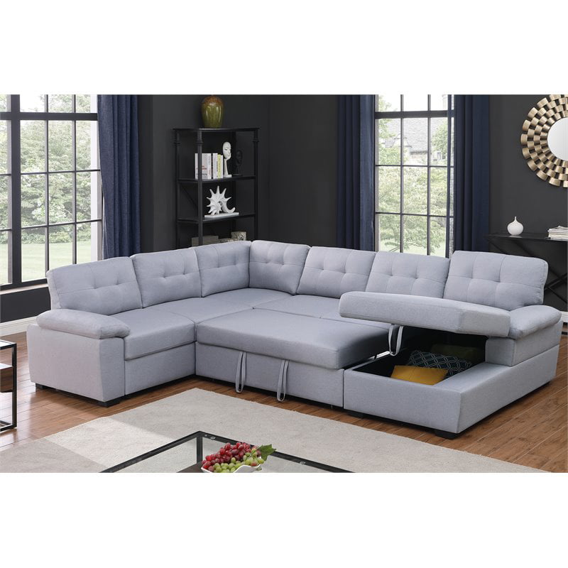 Alexent 5-Seat Modern Fabric Sleeper Sectional Sofa with Storage in Ash