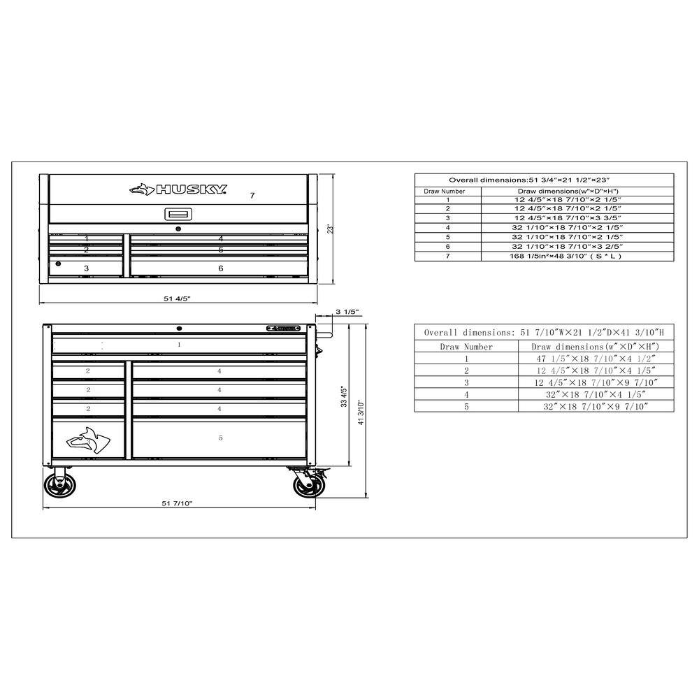 Husky 52 in. W x 21.5 in. D Heavy Duty 15-Drawer Combination Rolling Tool Chest Top Tool Cabinet with LED Light in Matte Black H52CH6TR9HDV3