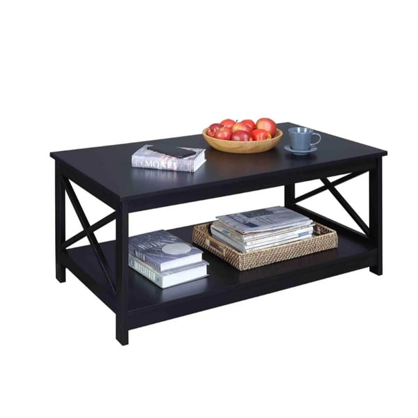 Coffee Table 39.56 in. L， X leg End Table with Bottom Shelf， Black