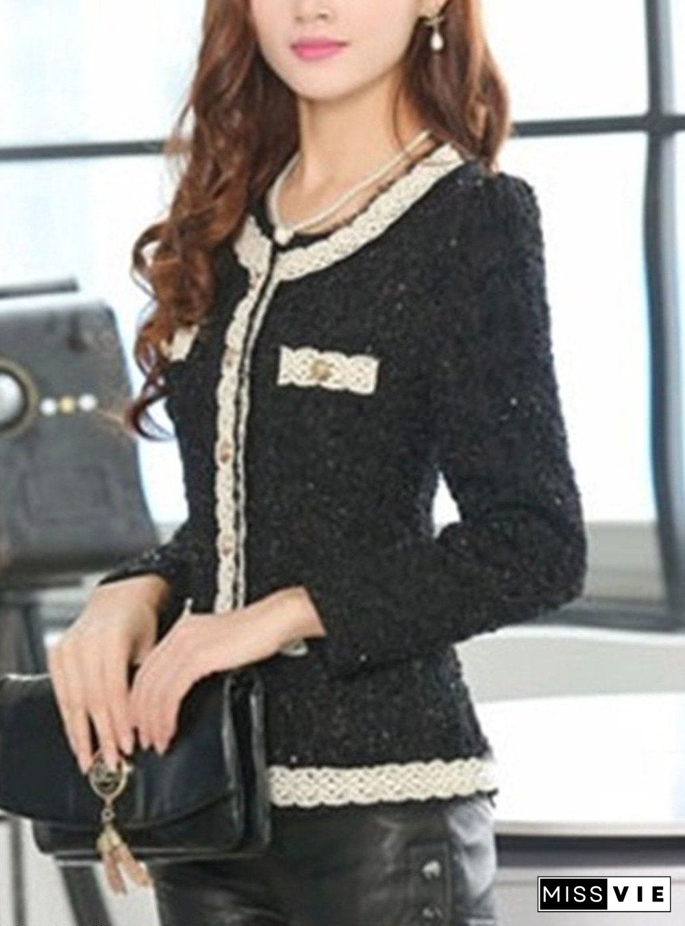 Collarless Contrast Trim Decorative Lace Single Breasted Plain Blazers