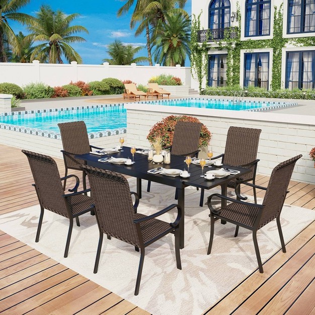 Captiva Designs 7pc Steel Outdoor Patio Dining Set With Rattan Arm Chairs amp Rectangle Extendable Table