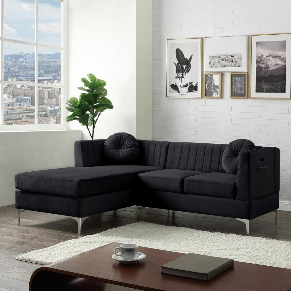 Chloe Black Velvet Sectional Sofa Chaise With Usb Charging Port   Midcentury   Sectional Sofas   by BisonOffice  Houzz