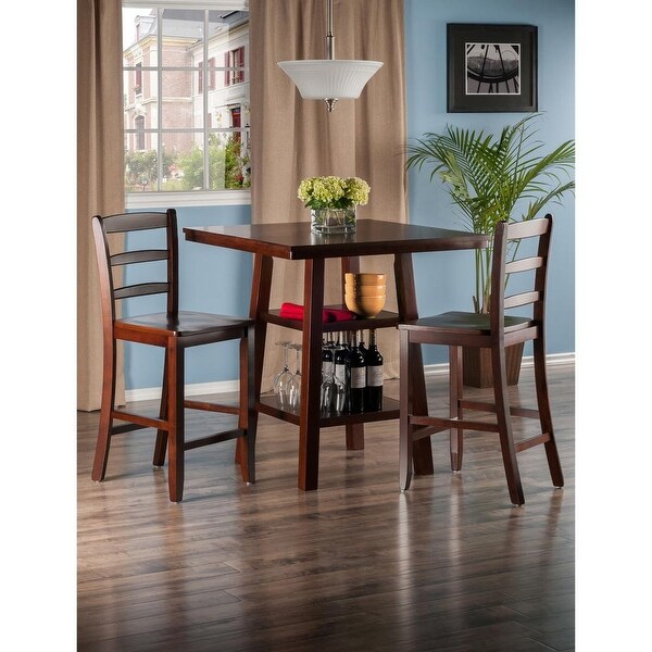 Wood Orlando 3-Pc Set， High Table with 2 Shelves and 2 Ladder Back Stools， Walnut Finish