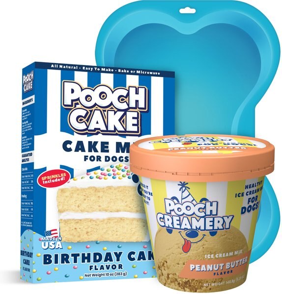 Pooch Cake Basic Starter Plus Birthday Cake Mix w/Cake Mold Kit and Pooch Creamery Peanut Butter Ice Cream Dog Treat， 10-oz box