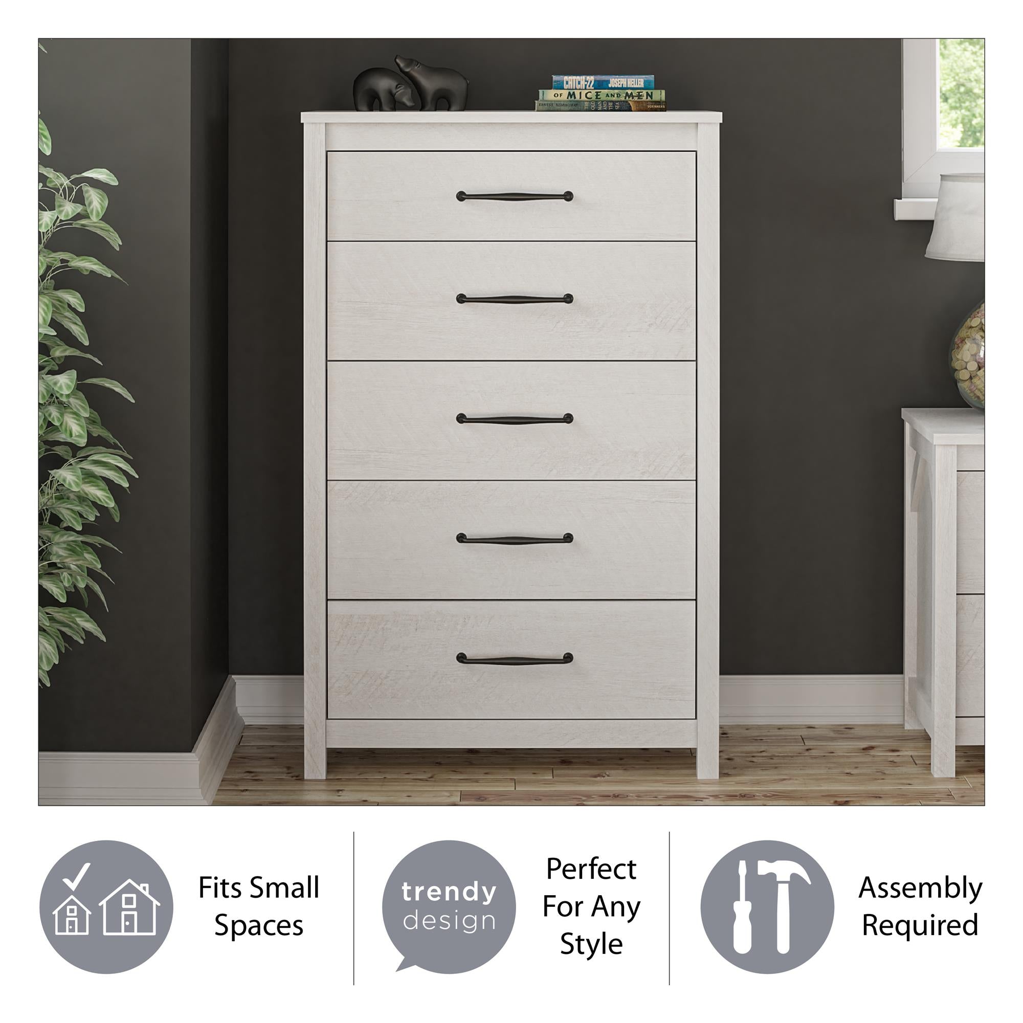 Ameriwood Home Abilene 5 Drawer Tall Dresser with Easy SwitchLock™ Assembly, Ivory Oak