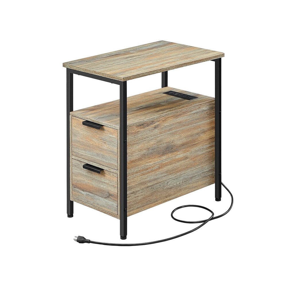 Slim Side Table Nightstand End Table with 2 Drawers and Charging Station for Small Spaces   23.6” x 13.8” x 24”