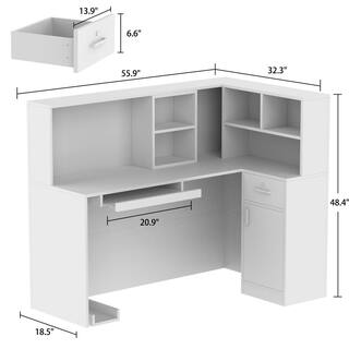 FUFUGAGA 55.9 in. L Shaped Marble Wood Reception Desk Computer Desk with Shelves and Cabinet Writing Table Workstation WFKF210088-03