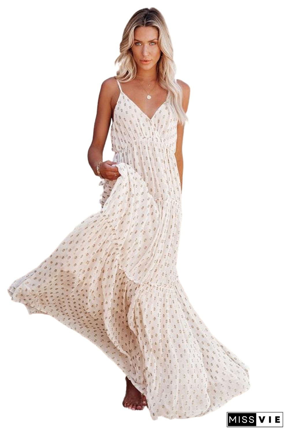 Beige Pattern Print Tiered Ruffled Spaghetti Strap V Neck Maxi Dress