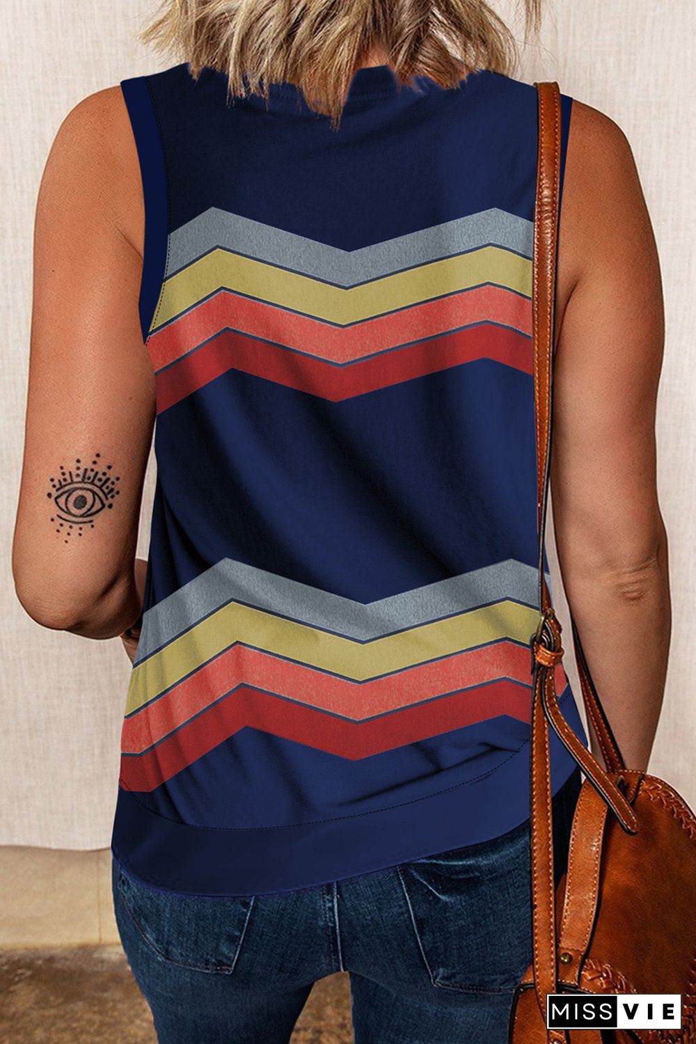 Blue Crew Neck Colorblock Stripes Tank Top