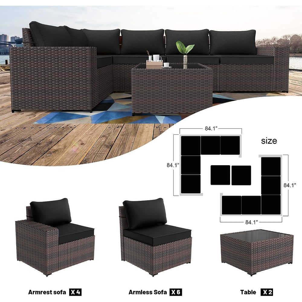 Kullavik 12 Pieces Outdoor Patio Furniture Set Sectional Rattan Sofa Set with Tempered Glass Table