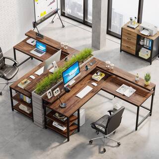 Perry 78.7 in. L Shaped Rustic Brown Wood Computer Desk with Power Outlets Monitor Stand and Storage Shelves HD-YU220389