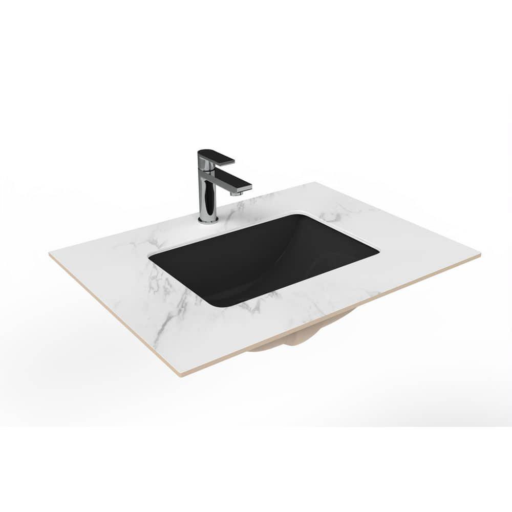 castellousa Cassandra 30 in W x 22 in D Porcelain Vanity Top in White Marble Finish with Black Sink Basin