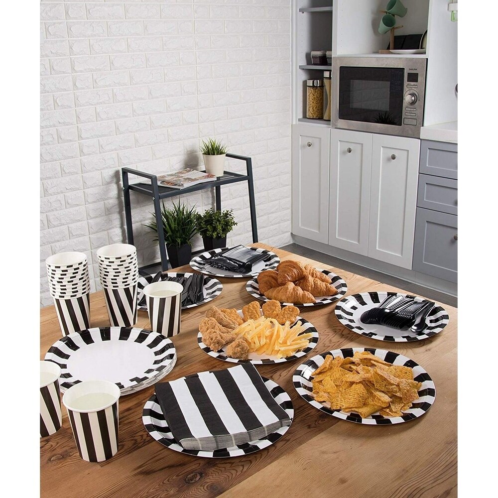 24 Set Disposable Dinnerware Black and White Party Supplies for Happy Halloween