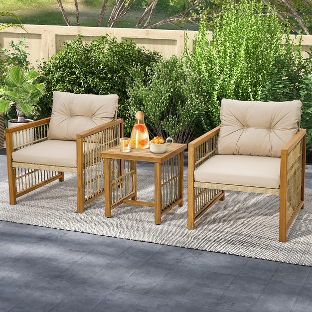 Tangkula 3pcs Patio Acacia Wood Pe Wicker Furniture Set W Soft Seat amp Back Cushions