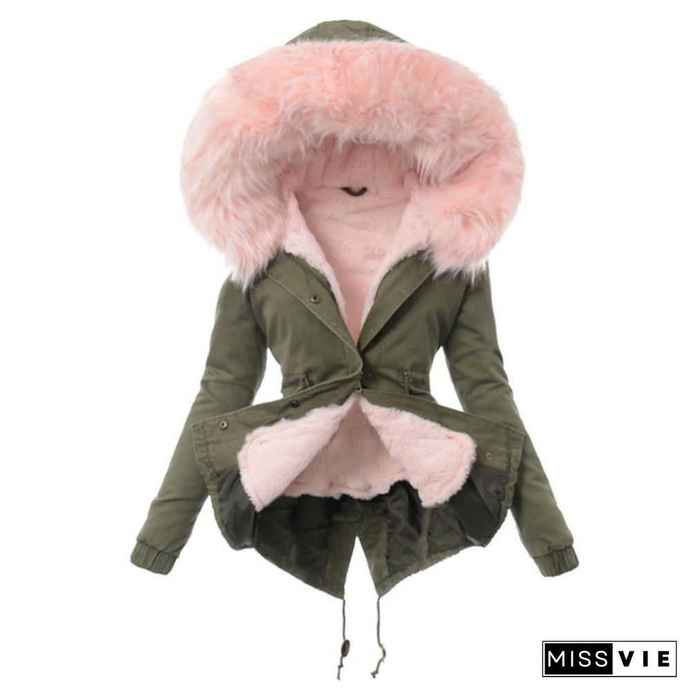 Winter Fashion Women Fur Collar Parka Jacket Fleece Lined Winter Warm Hooded Zipper Coats Military Outerwear