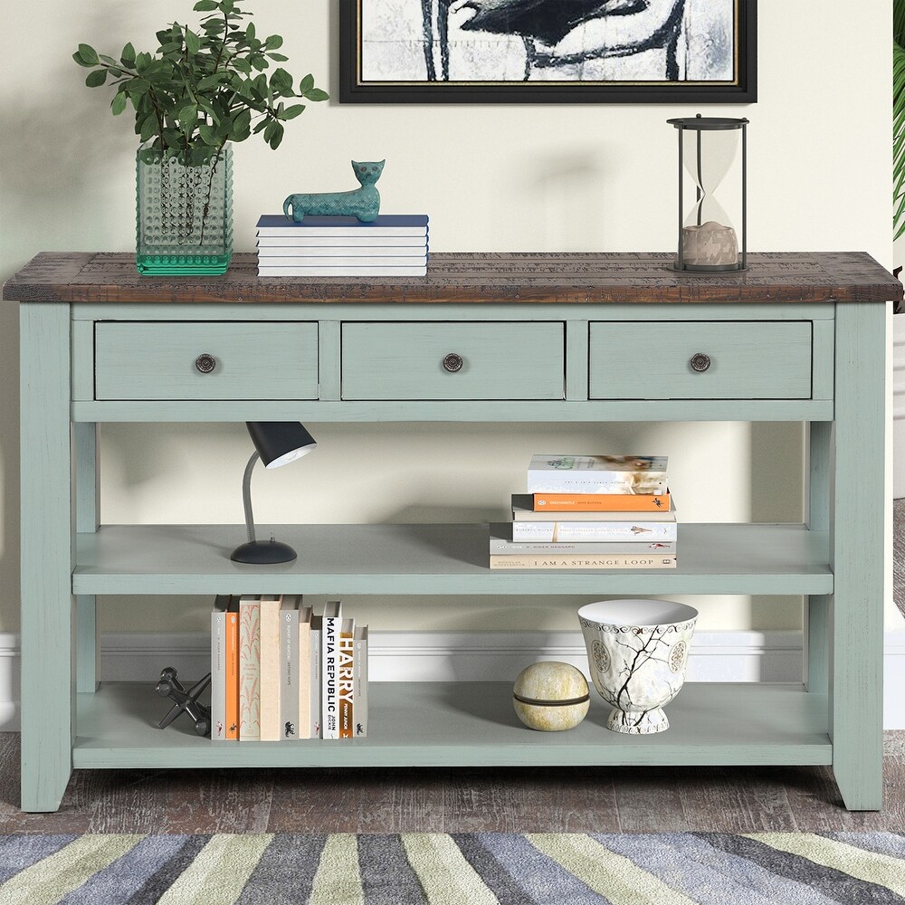 Modern Solid Pine Wood Top Console Table with Drawers and Shelves