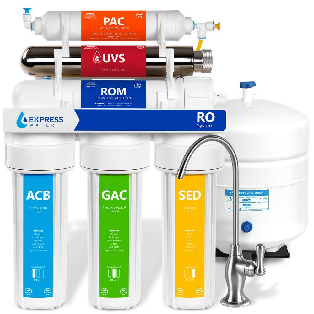 Express Water Ultraviolet Under Sink Reverse Osmosis Water Filtration - 6 Stage UV Sterilizer - Faucet and Tank - 100 GPD ROUV10D