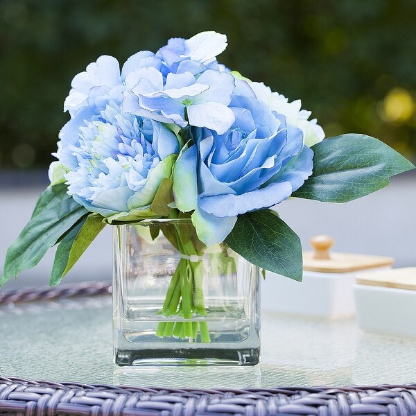 Enova Home Mixed Artificial Silk Roses Peony and Hydrangea Fake Flowers Arrangement in Cube Glass Vase with Faux Water