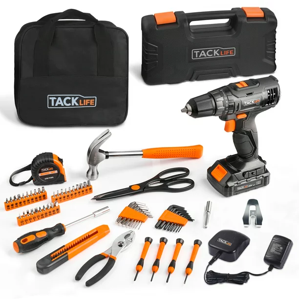 Tacklife 20V Cordless Electric Screwdriver With Home Tool Kit， 60Pcs Home Repair Tool Accessories， PHK06B