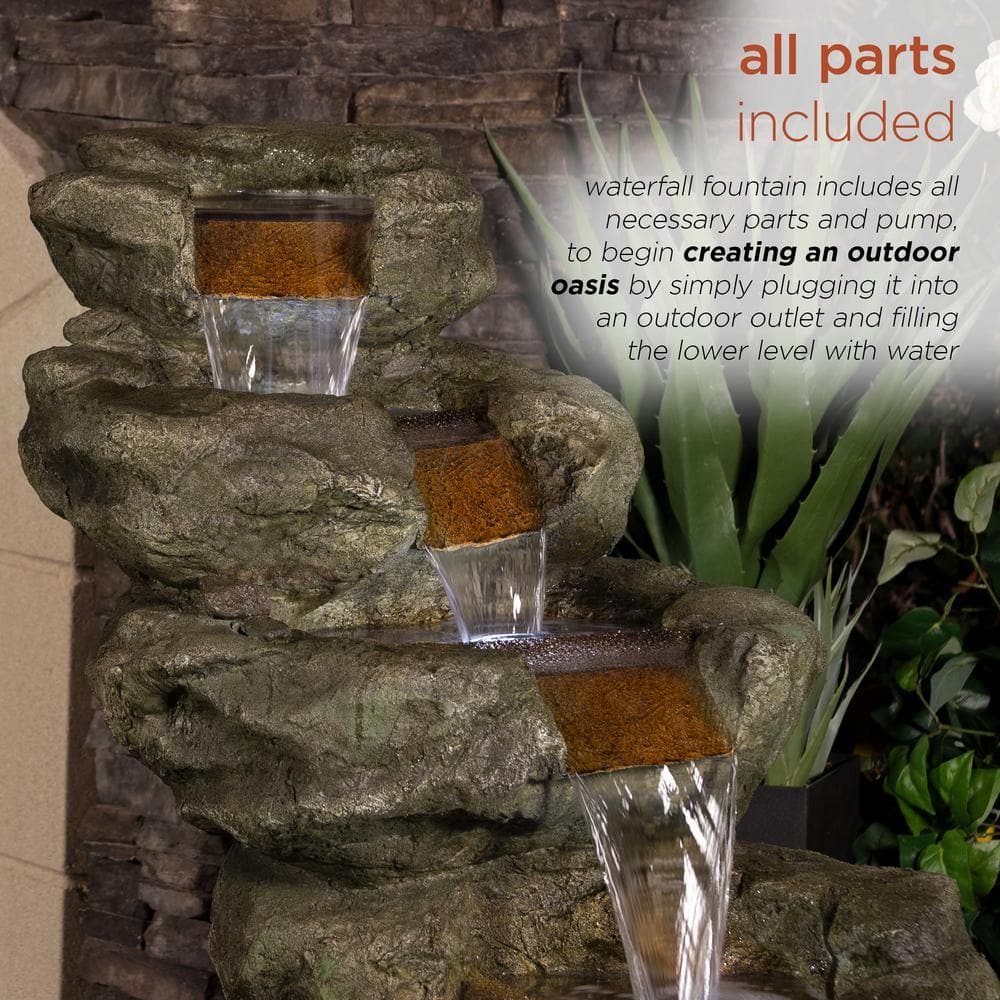 Alpine Corporation 48 in. Tall Outdoor Multi-Tier Pristine Waterfall Fountain with LED Lights TZL106