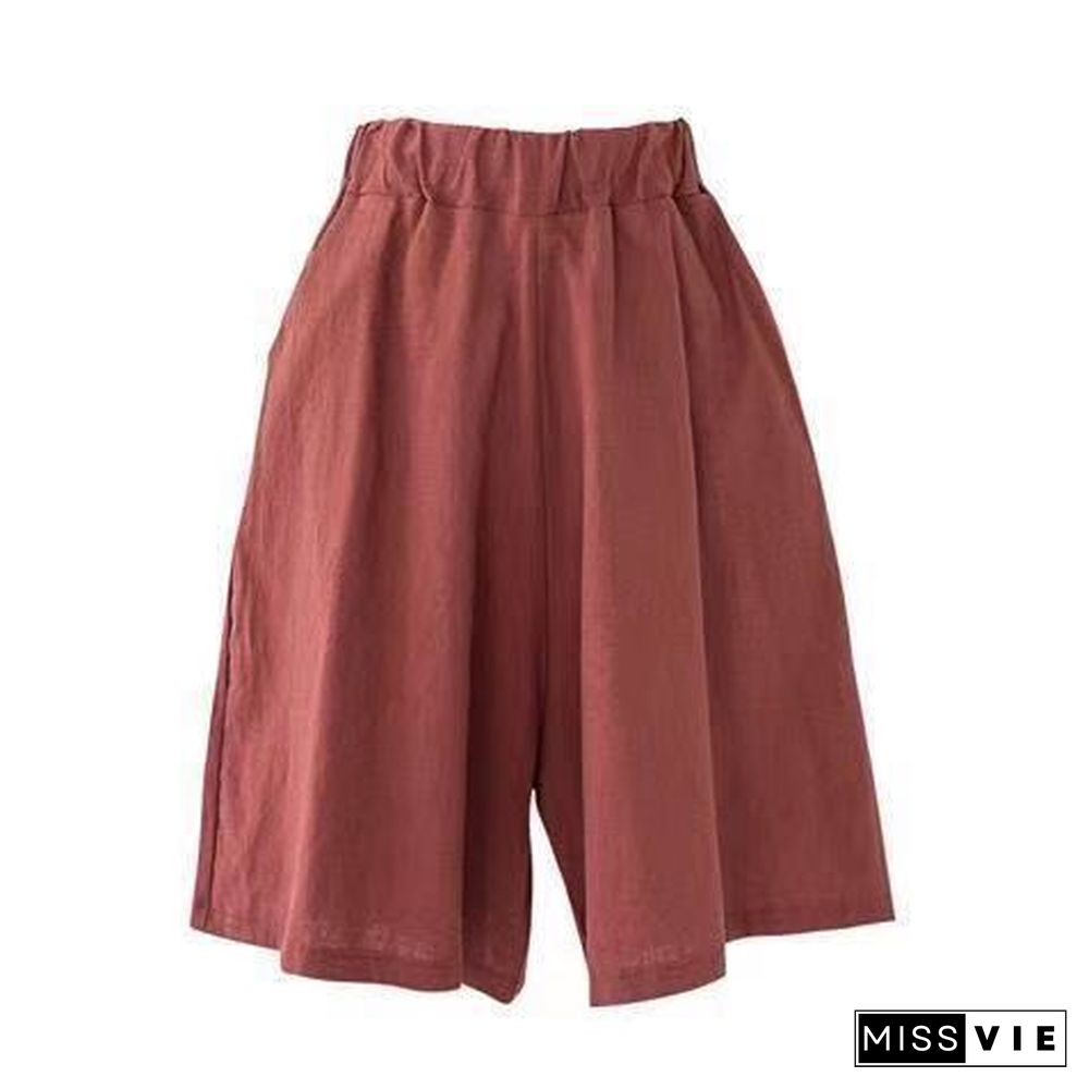 Women'S Clothing Summer Cotton And Linen Casual Shorts Plus Large Large Size Elastic Waist Five-Point Wide-Leg Pants