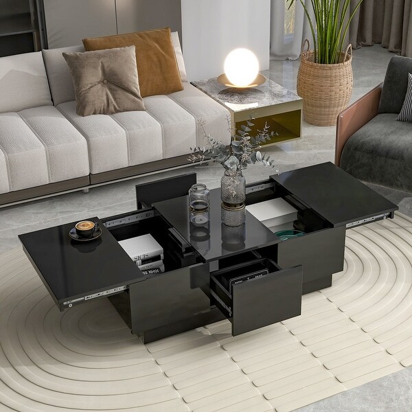 Extendable Coffee Table with 2 Large Hidden Storage Compartment and 2 Drawers， Cocktail Table Center Table with Sliding Top