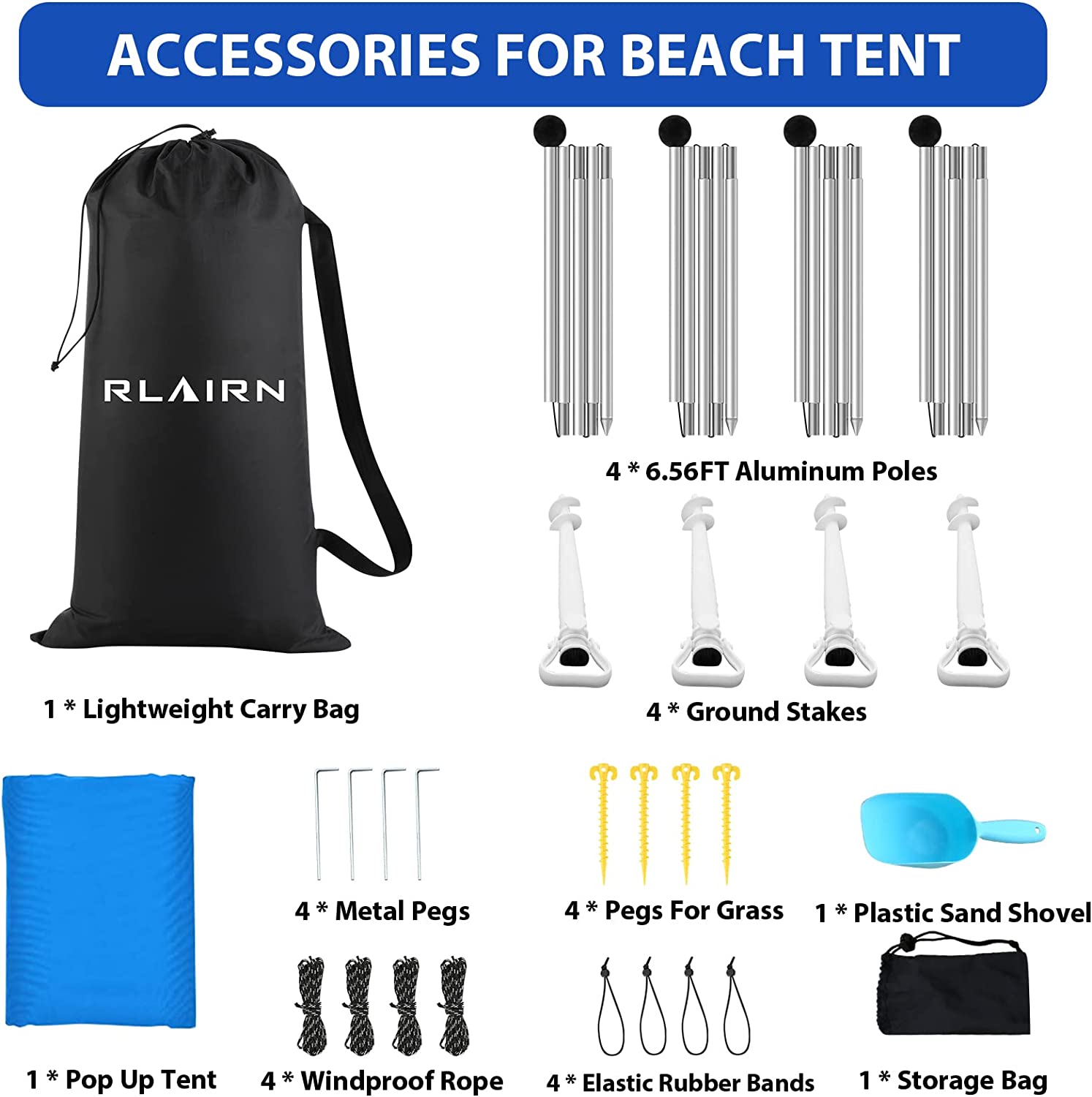 RLAIRN 10 x 10 ft Pop up Beach Tent Sun Shelter， UPF50+ Rain Resistant Beach Canopy Tent Gazebo Shade with 4 Foldable Poles， Sand Bag， Sand Shovel and Carry Bag for Beach and Backyard，Deep Blue