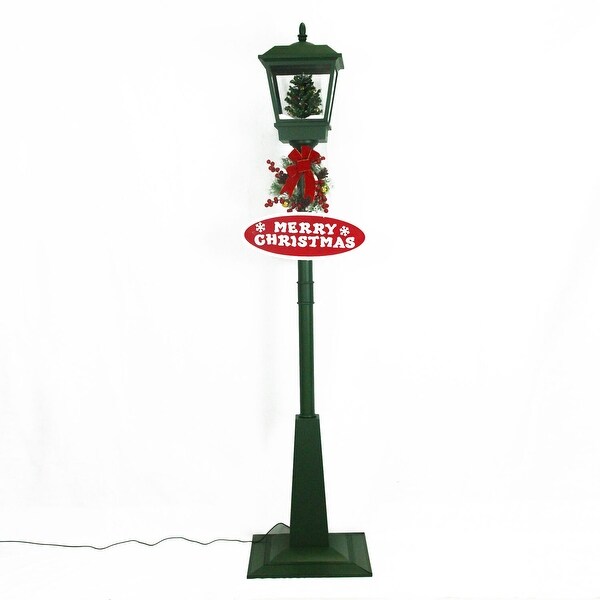 Christmas Time 71In. Musical Snowy Street Lamp with Christmas Tree Scene，2 Signs，Cascading Snow，and Holiday Songs，Green