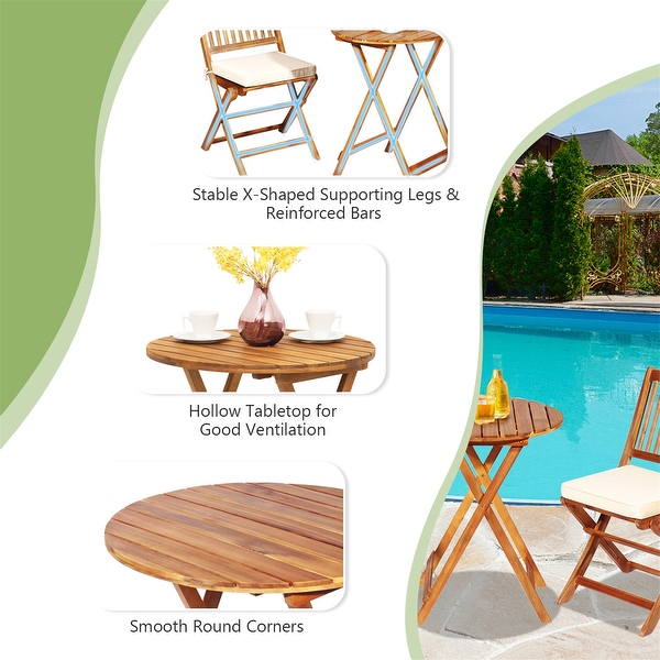 3 Pieces Acacia Wood Patio Folding Bistro Set Cushioned Chair - Overstock - 37532301