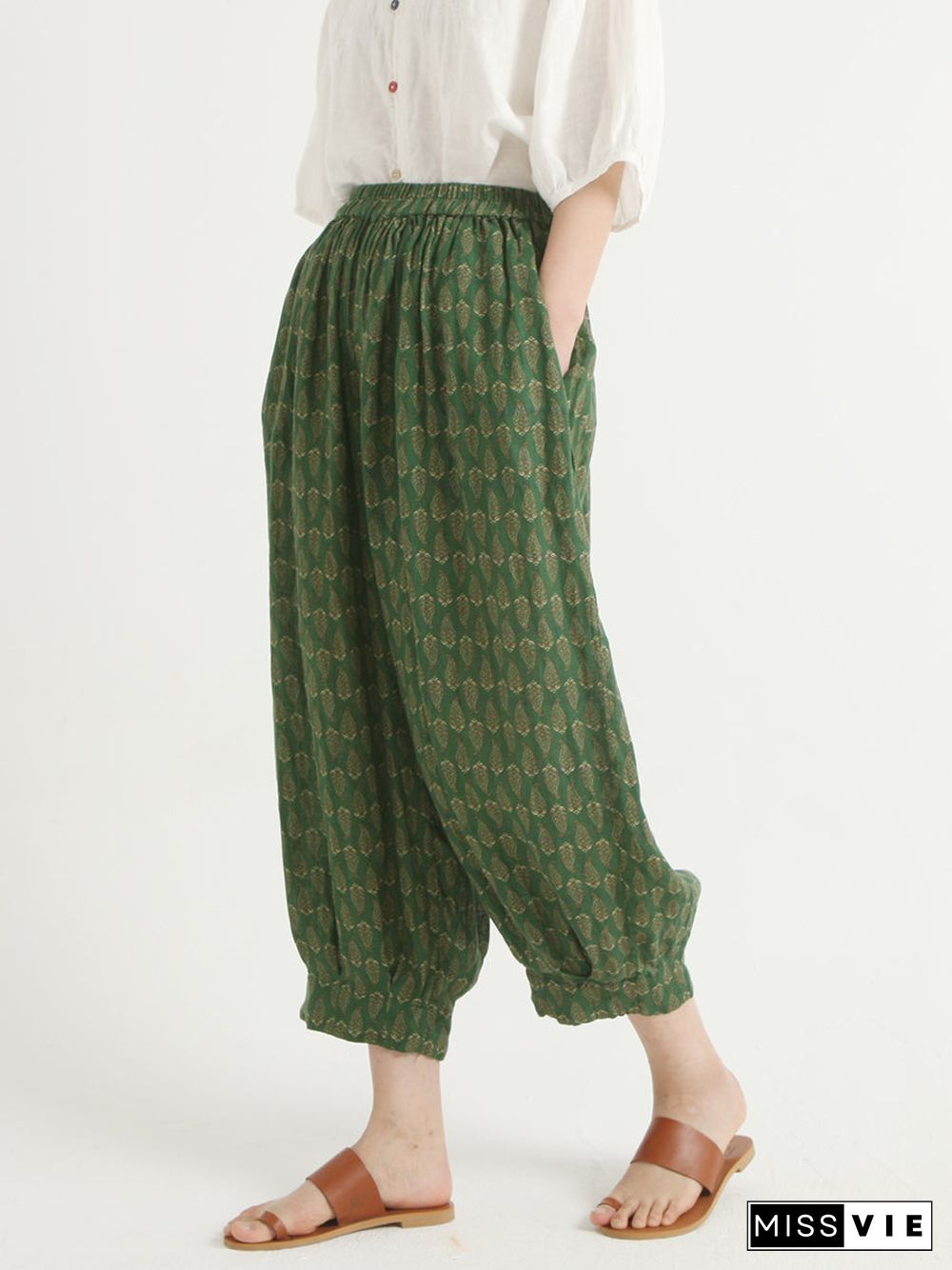 Linen Vintage Floral Women Loose Harem Pants