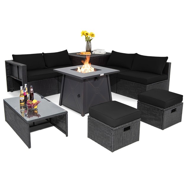 Costway 9pcs Patio Rattan Furniture Set Fire Pit Space saving W Cushion Cover