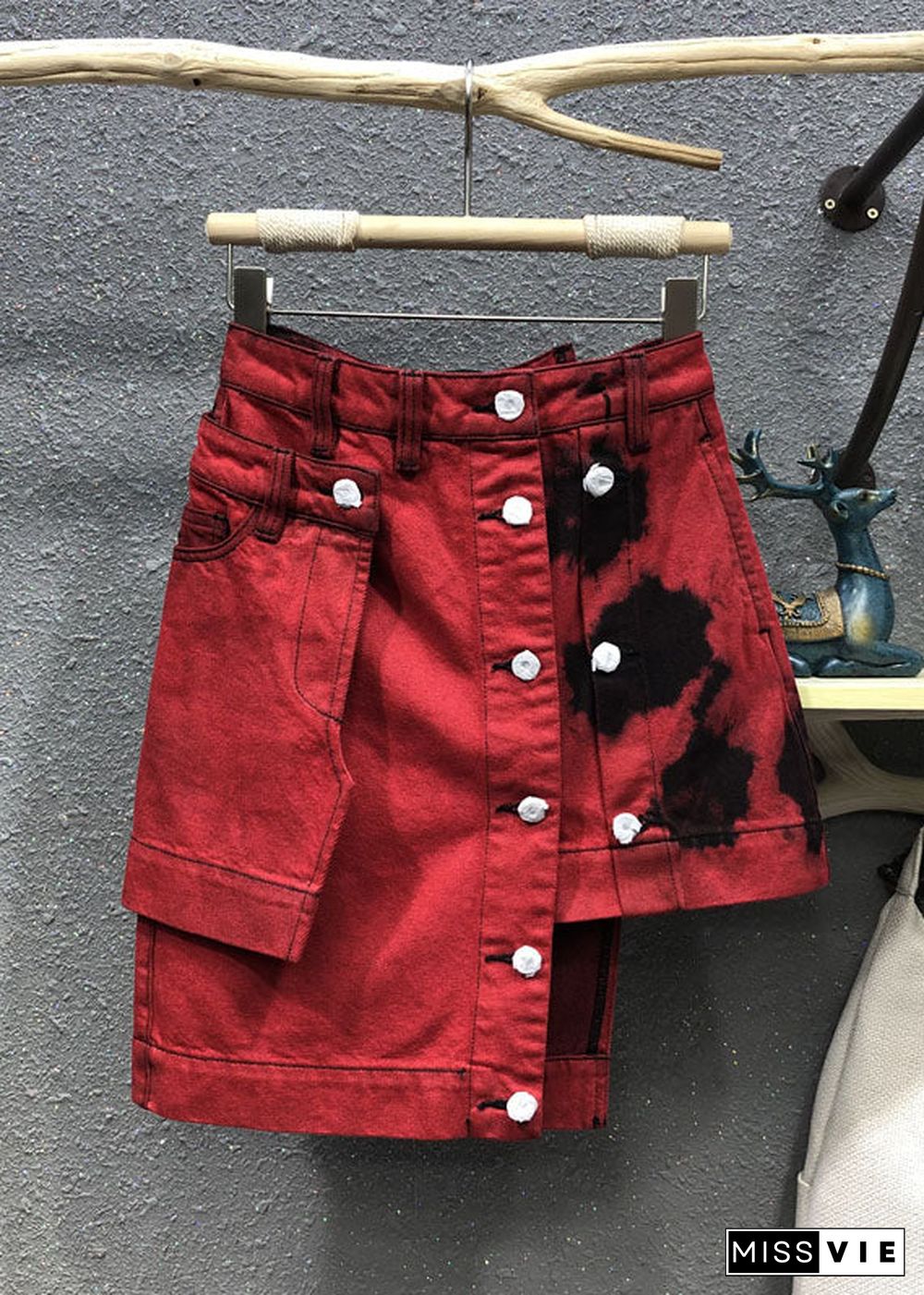 Fashion Red High Waist Patchwork Button Asymmetrical Denim Skirt Summer