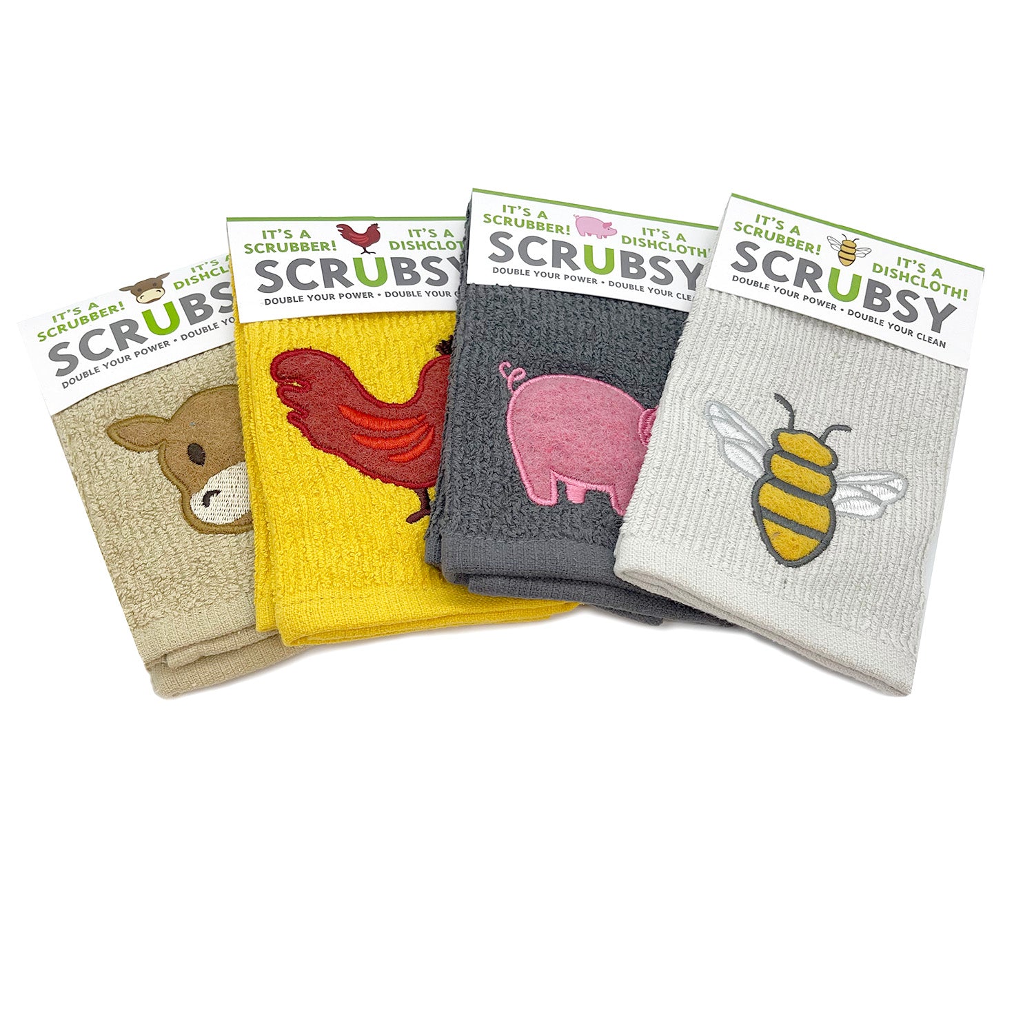 MU Kitchen Scrubsy Dish Cloth Set with Built In Scrubber， Set of 4， Farm Animals