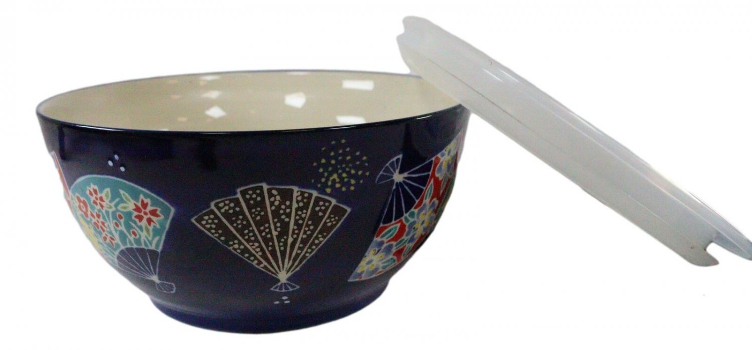 1 Set of 2 Ceramic Colorful Oriental Fans Portion Meal Bowls 5 Cups W/ Lid EBR02