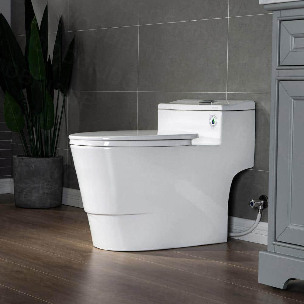 WOODBRIDGE 1piece 128 GPF Conserver High Efficiency Dual Flush AllinOne Toilet with Soft Closed Seat Included in White