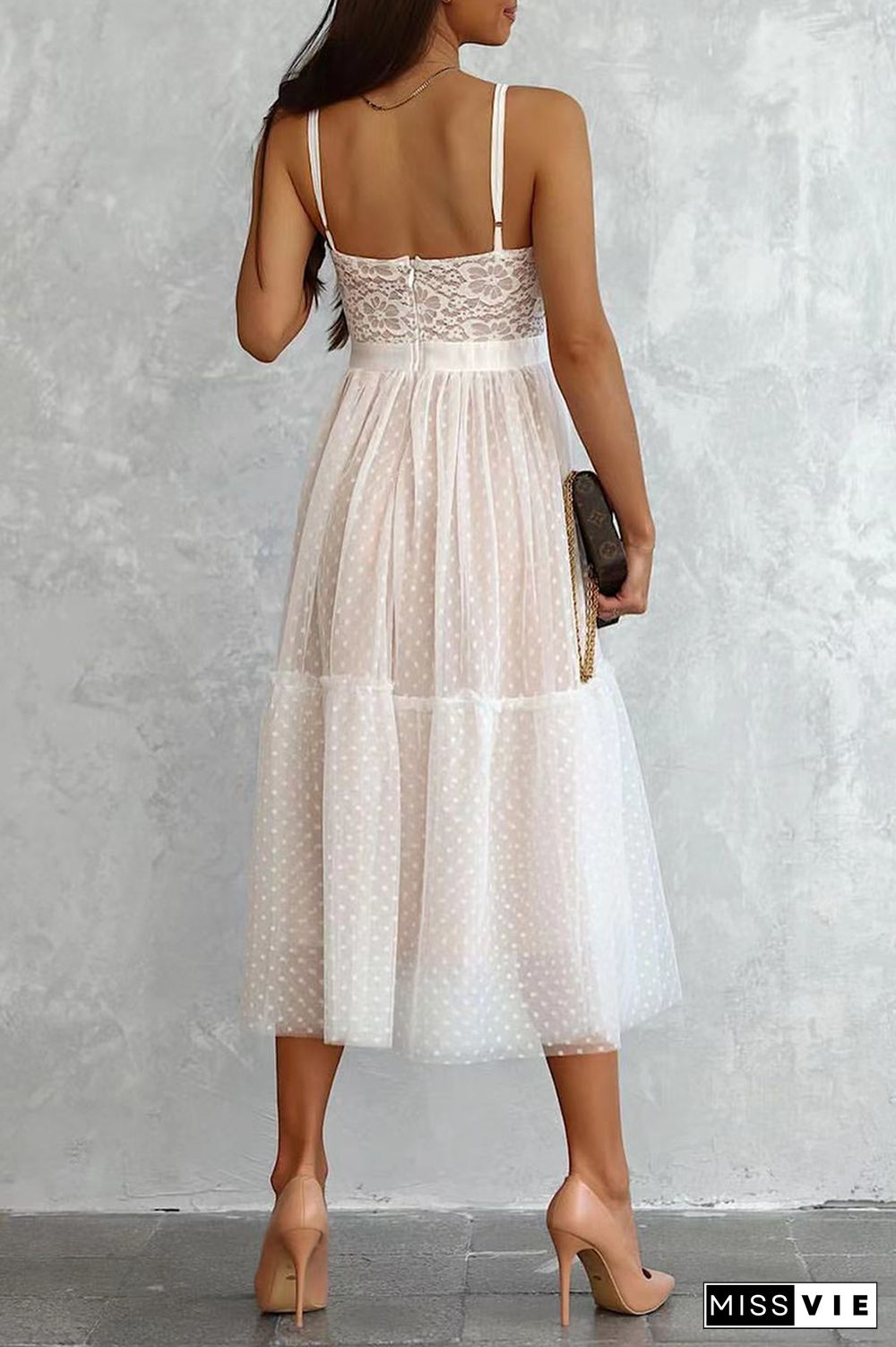 Casual Patchwork Lace Spaghetti Strap Cake Skirt Dresses