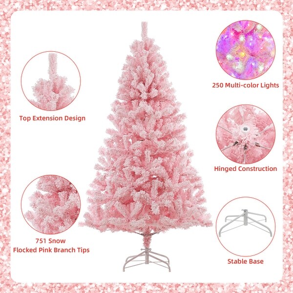 6Ft Prelit Pink Artificial Christmas Tree，Snow Flocked Faux Xmas Pine Tree with 250 Multi Color LED Lights