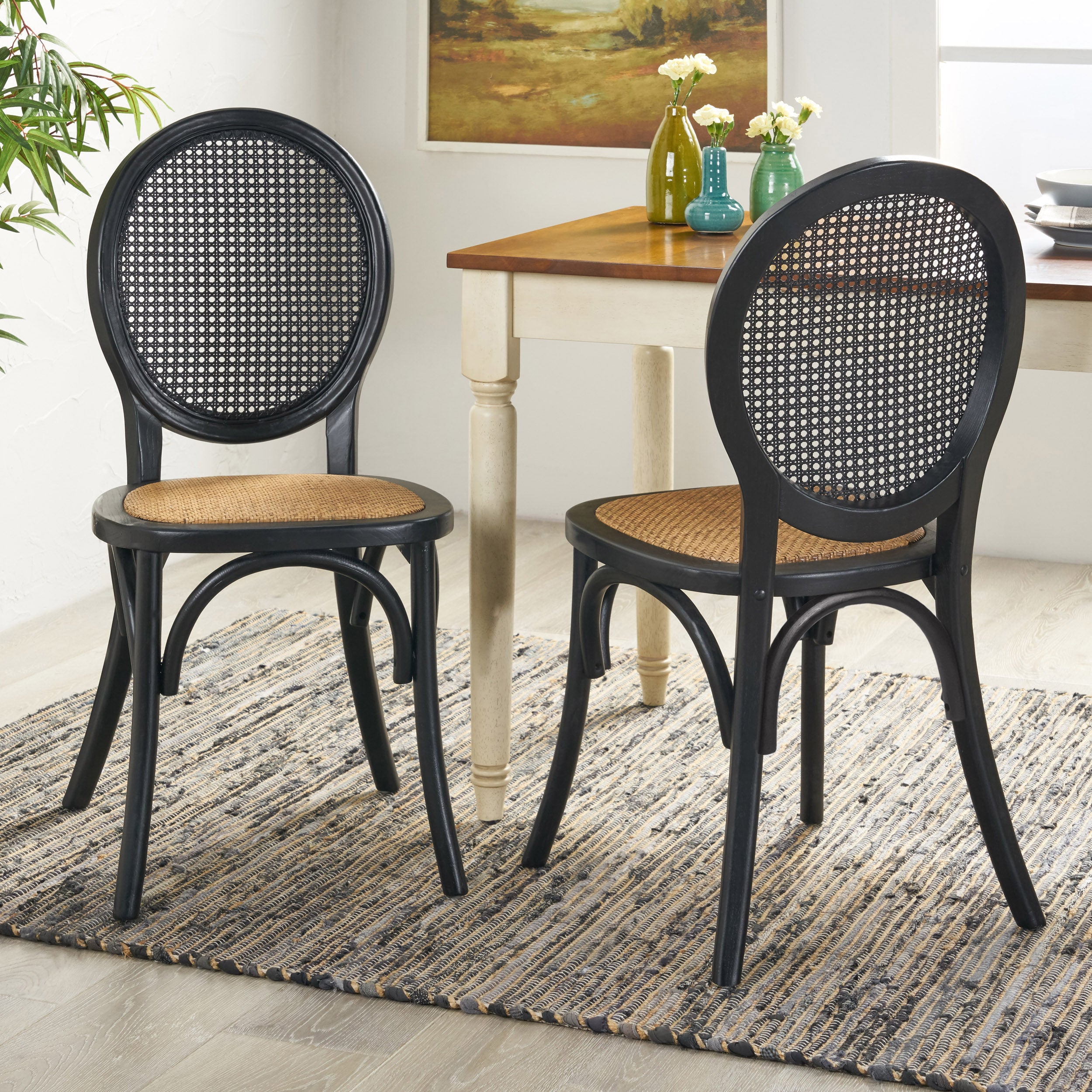 Noble House Jeremiah Classic Rattan Dining Chair， Set of 2， Matte Black