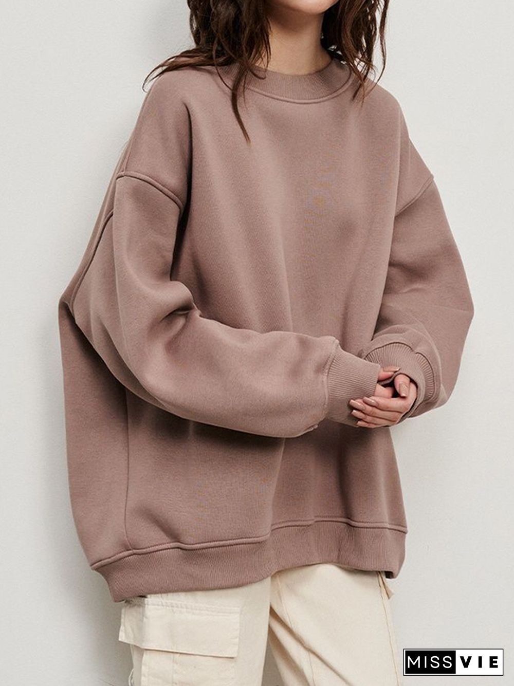 Long Sleeves Loose Solid Color Round-Neck Sweatshirt Tops