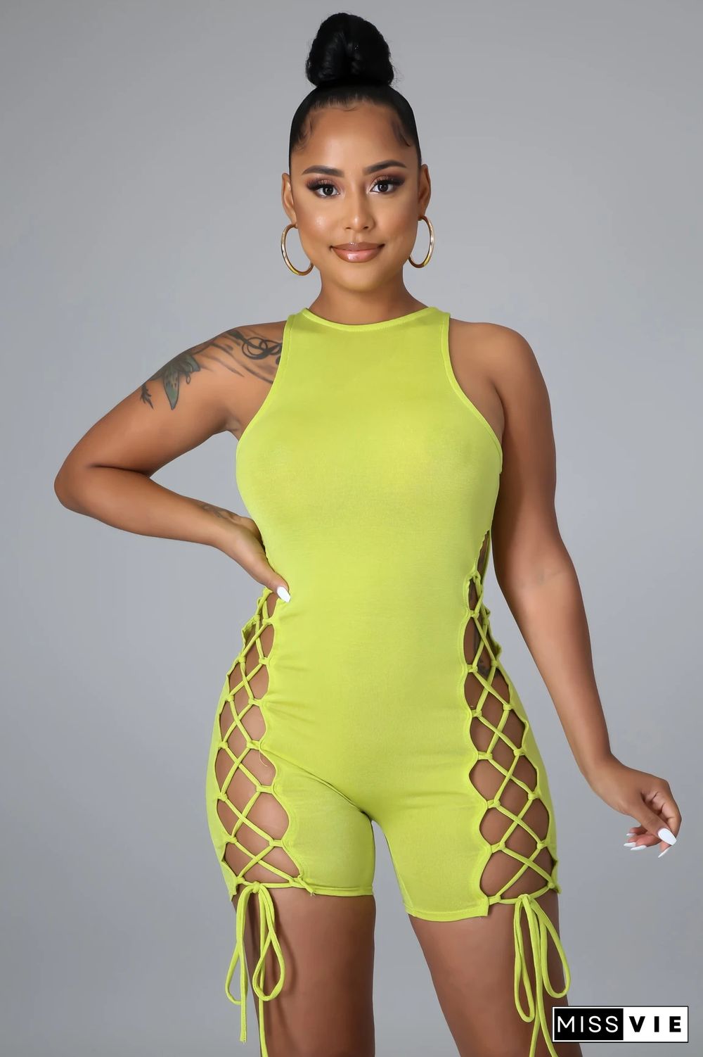 Sleeveless O Neck Hollow Out Bandage Bodycon Romper