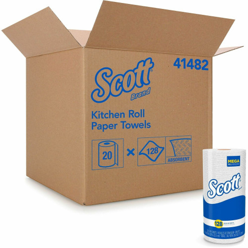 Scott Kitchen Roll Towels， 11 x 8.75， White， 128/Roll， 20 Rolls/Carton (41482)