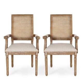 Noble House Aisenbrey Beige and Natural Wood and Cane Arm Chair (Set of 2) 105450