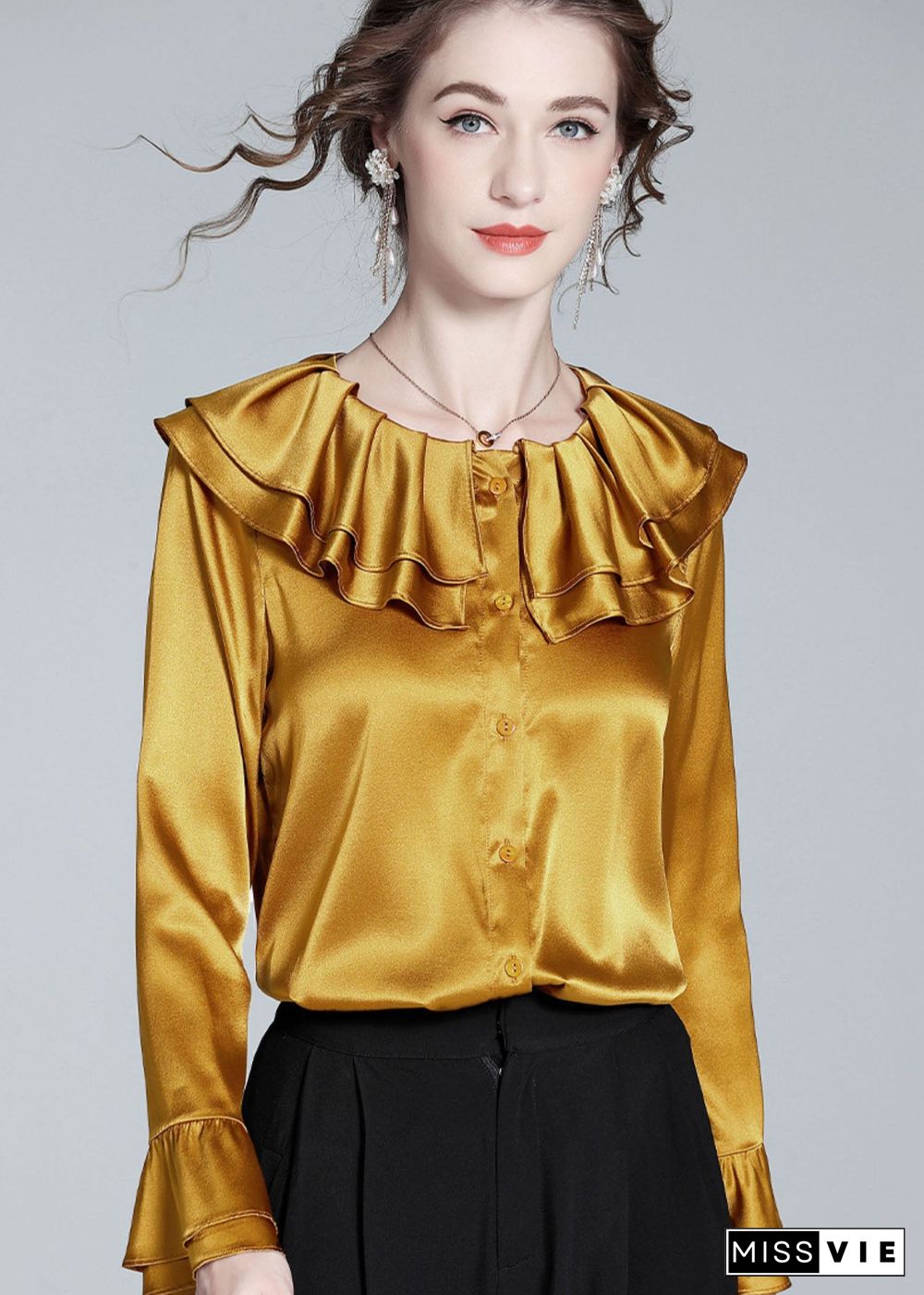 Style Gold Ruffled Patchwork Button Silk Shirt Flare Sleeve