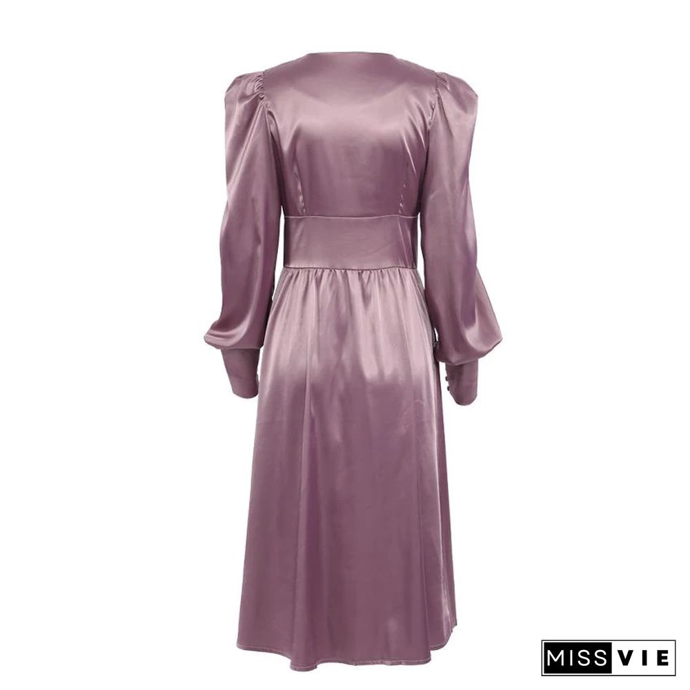 New Satin Dress Women's Design with Lantern Sleeves and Slim Waist