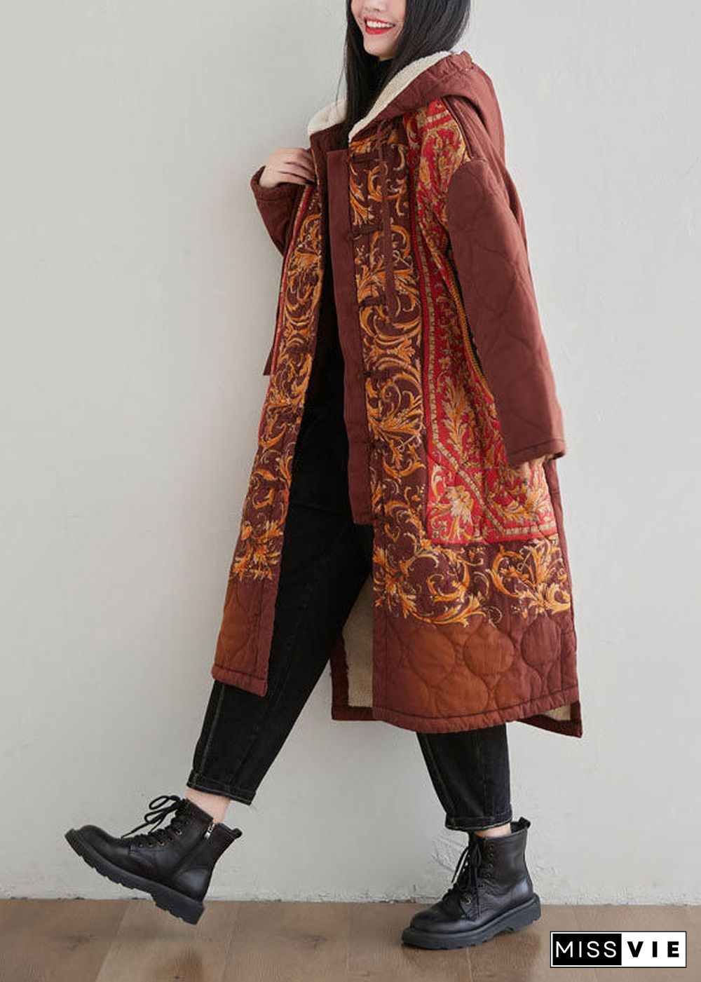 Oriental Red Hooded Embroideried Warm Fleece Fine Cotton Filled coats Winter