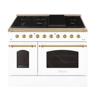 Hallman CLASSICO 48 in. TTL 6.7 Cu. ft. 8 Burner Freestanding Dual Fuel Range Gas Stove and Electric Oven White with Brass Trim HCLRDF48BSWT