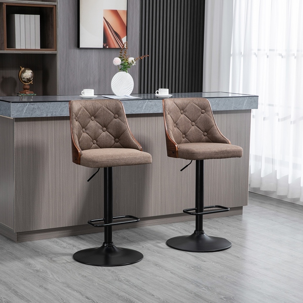 HOMCOM Counter Height Bar Stools Set of 2， Height Adjustable Swivel Barstools with Footrest and Tufted Back