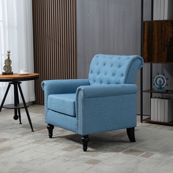 Linen Armchair with Tufted Back and Wood Legs