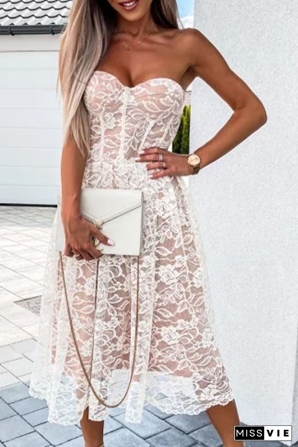 Sexy Solid Lace Strapless Cake Skirt Dresses