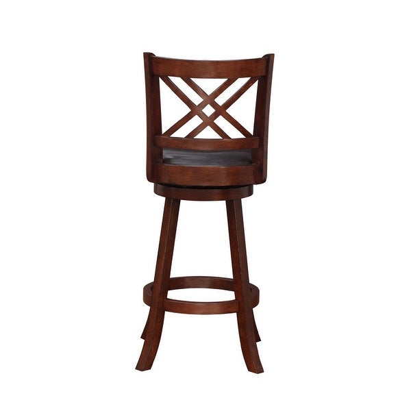 29 Inch Swivel Barstool， Double Cross Back， Wood， Faux Leather， Dark Brown